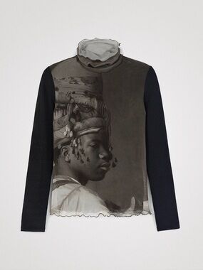 ❤️ DESIGUAL Sheer Mesh Art Print Long Sleeve Top – High Neck – Unique Graphic